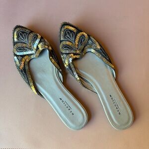 Kenneth Cole Reaction Vintage Sequin Pointed Toe Mules Size 8 Gold Black Slip On
